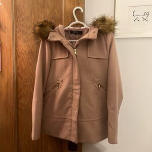 Women's Tan Jacket with Faux Fur Hood